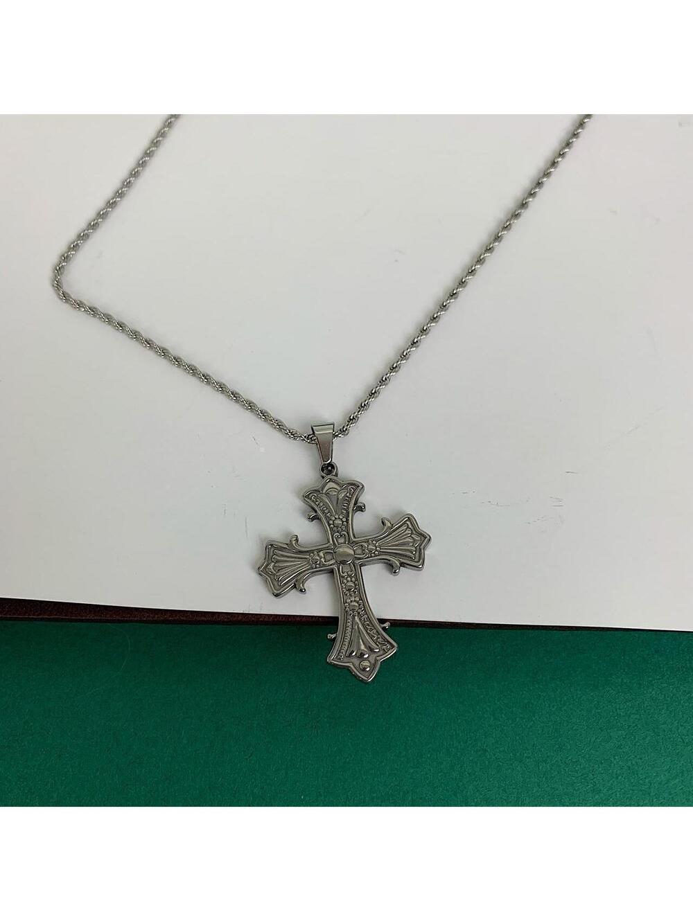 Stainless steel y2k style gothic silver cross pendant necklace. 20 inches - Picture 3 of 8